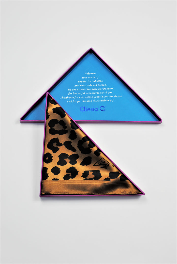 CHEETAH LUX Leopard Animal Print Pure 100% Silk Scarf Brown Beige Signature Designer Logo Alesia Chaika Alesia C.