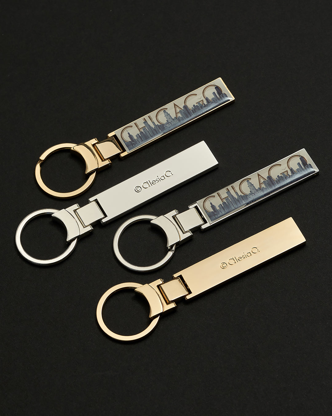 CHICAGO Skyline Pencil Art Key Chain Ring Gold by Alesia Chaika