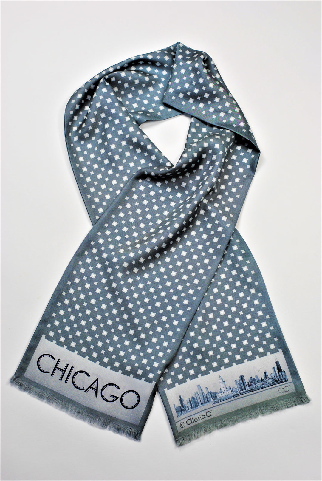 CHICAGO Skyline Art Pure Double Sided Silk Scarf Gray White