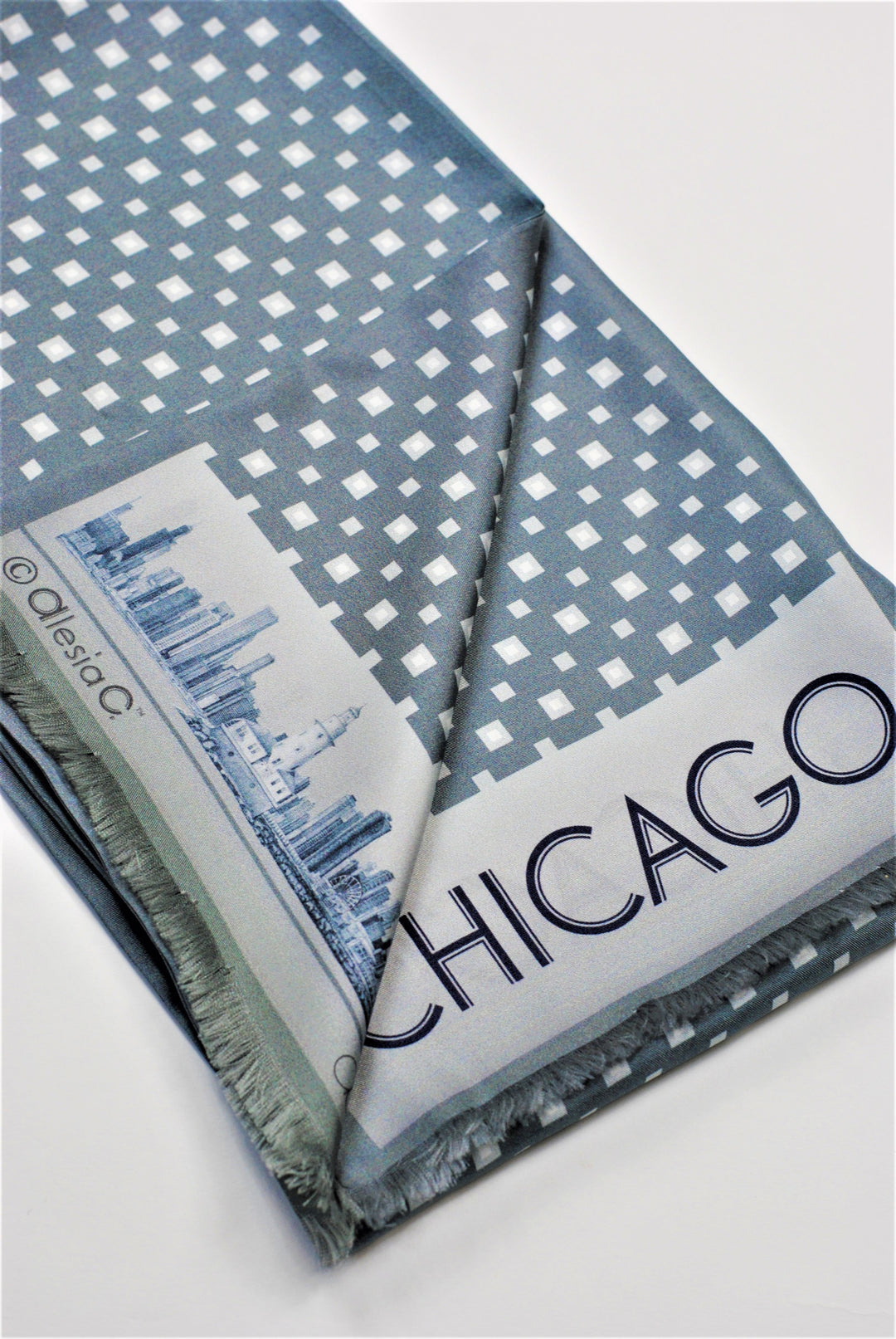 CHICAGO Skyline Art Pure Double Sided Silk Scarf Gray White