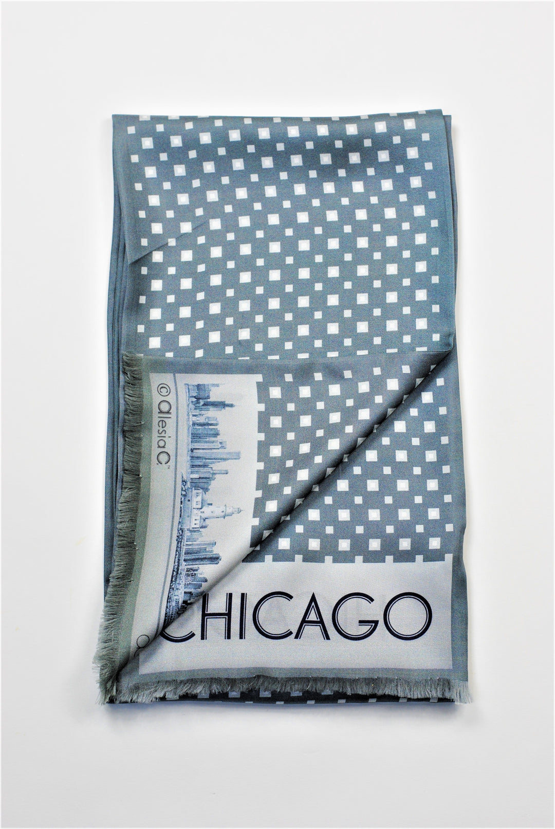 CHICAGO Skyline Art Pure Double Sided Silk Scarf Gray White