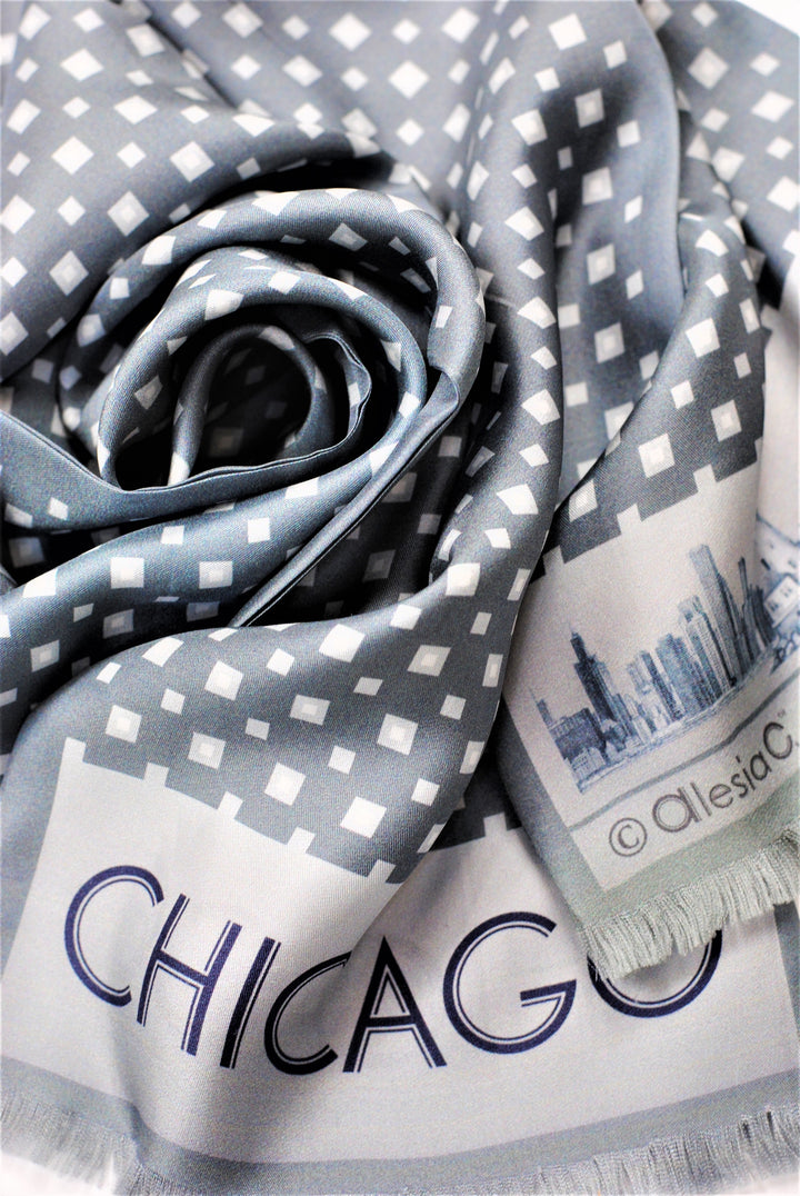 CHICAGO Skyline Art Pure Double Sided Silk Scarf Gray White