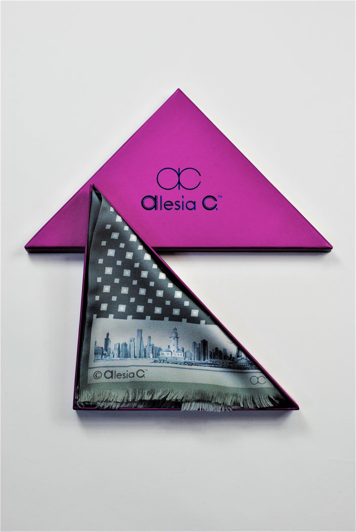 CHICAGO Skyline Art Pure Double Sided Silk Scarf Gray White