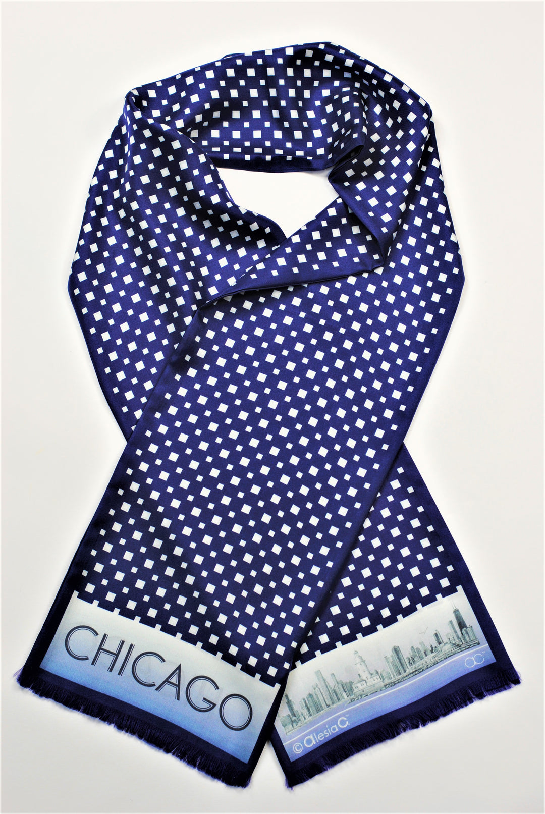 CHICAGO Skyline Art Pure Double Silk Scarf Navy Blue White Long by Alesia Chaika