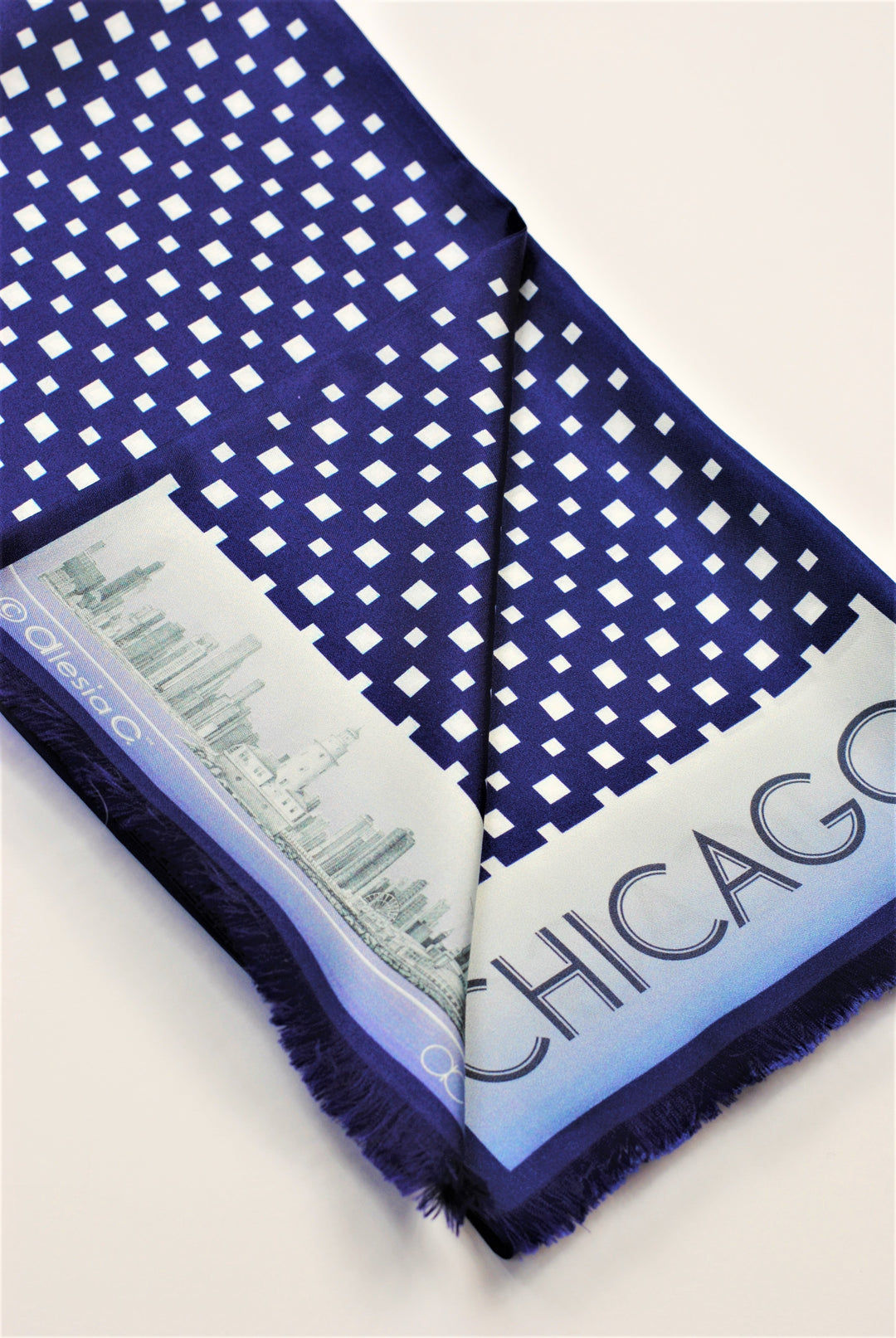 CHICAGO Skyline Art Pure Double Silk Scarf Navy Blue White Long by Alesia Chaika