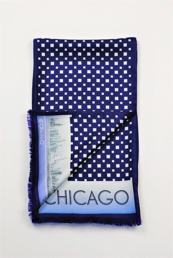CHICAGO Skyline Art Pure Double Silk Scarf Navy Blue White Long by Alesia Chaika