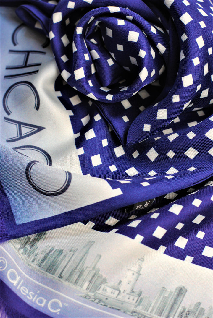 CHICAGO Skyline Art Pure Double Silk Scarf Navy Blue White Long by Alesia Chaika