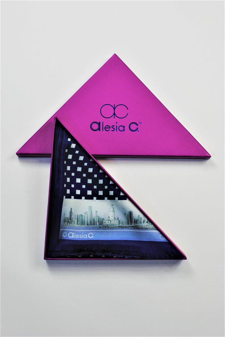 CHICAGO Skyline Art Pure Double Silk Scarf Navy Blue White Long by Alesia Chaika
