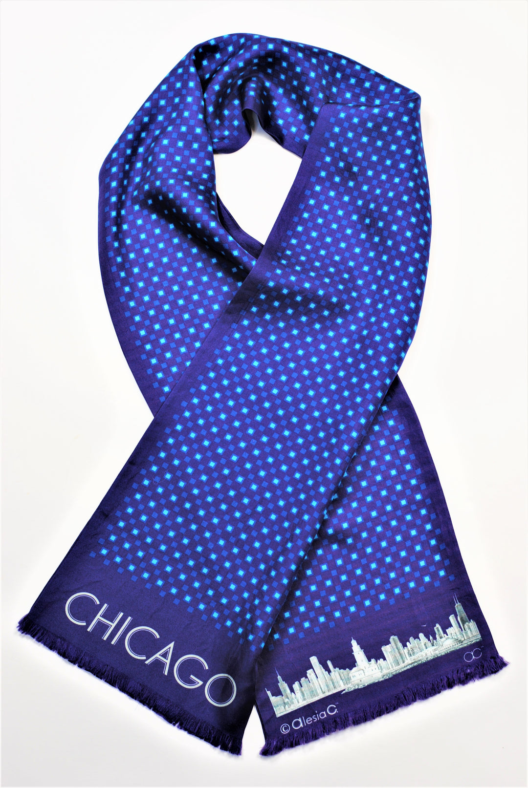 CHICAGO Skyline Art Long Pure Silk Scarf Royal Blue