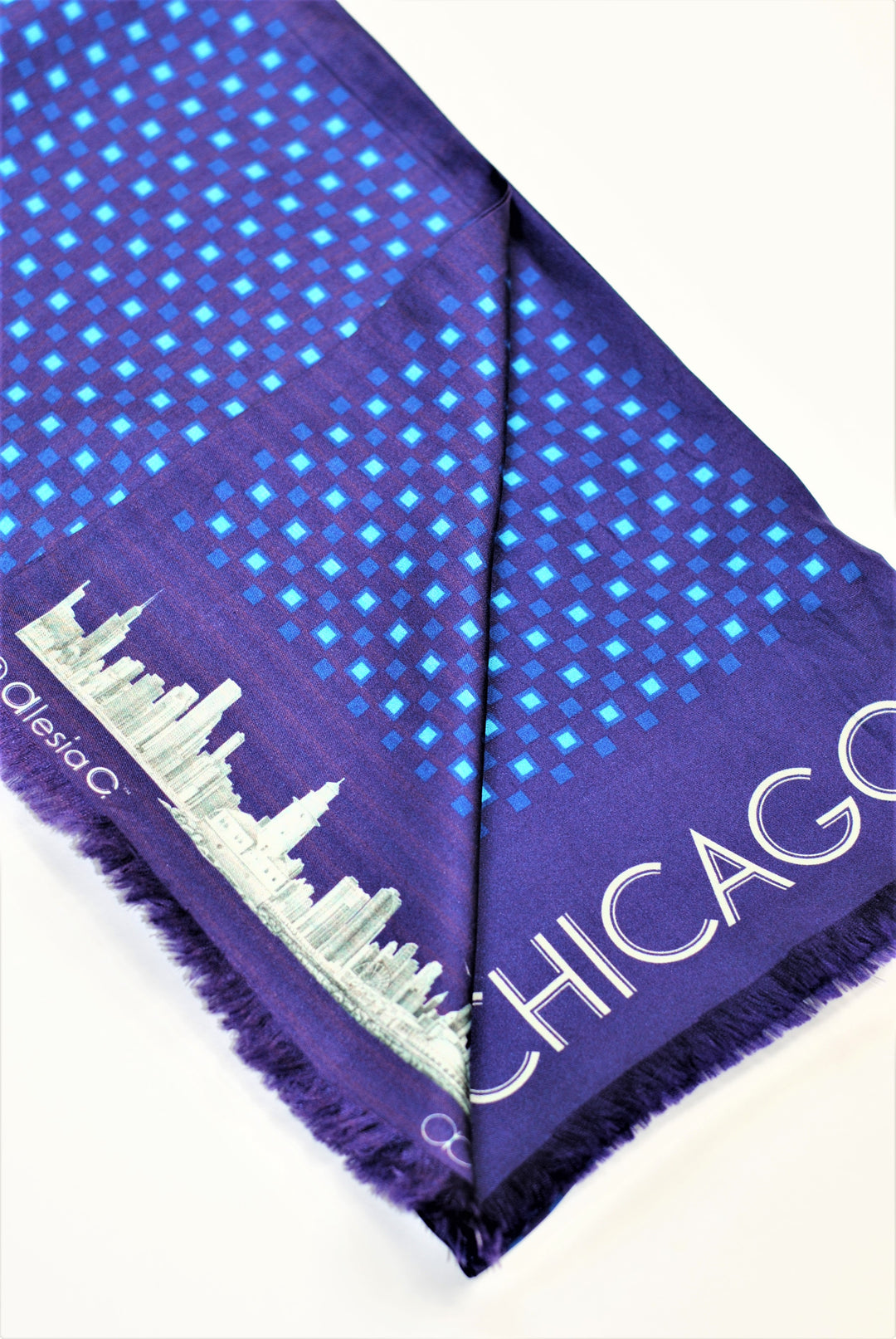 CHICAGO Skyline Art Long Pure Silk Scarf Royal Blue
