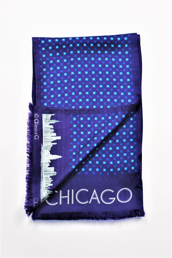 CHICAGO Skyline Art Long Pure Silk Scarf Royal Blue