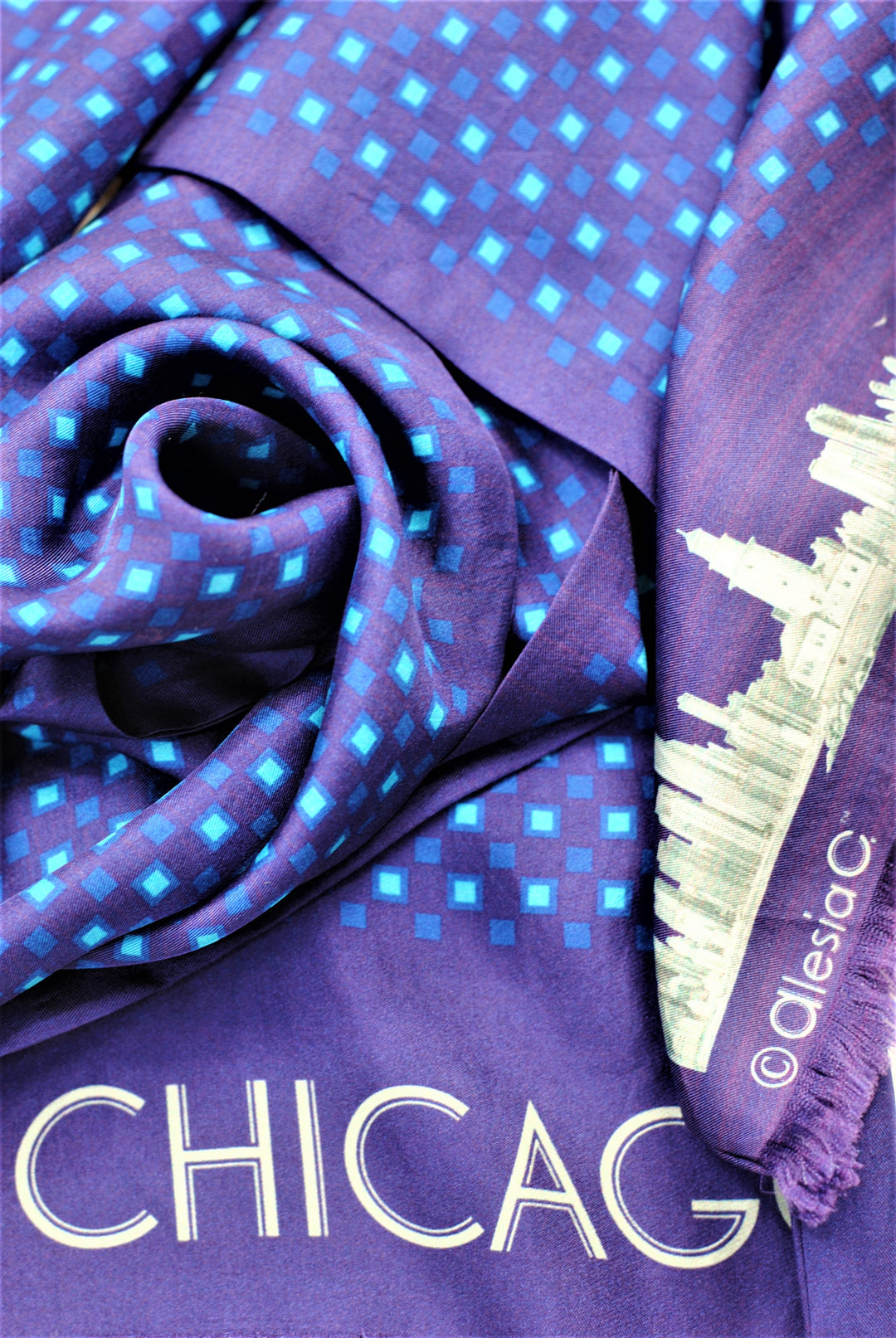 CHICAGO Skyline Art Long Pure Silk Scarf Royal Blue