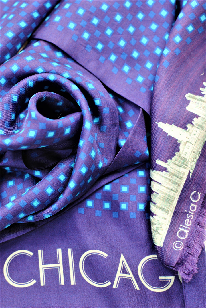CHICAGO Skyline Art Long Pure Silk Scarf Royal Blue