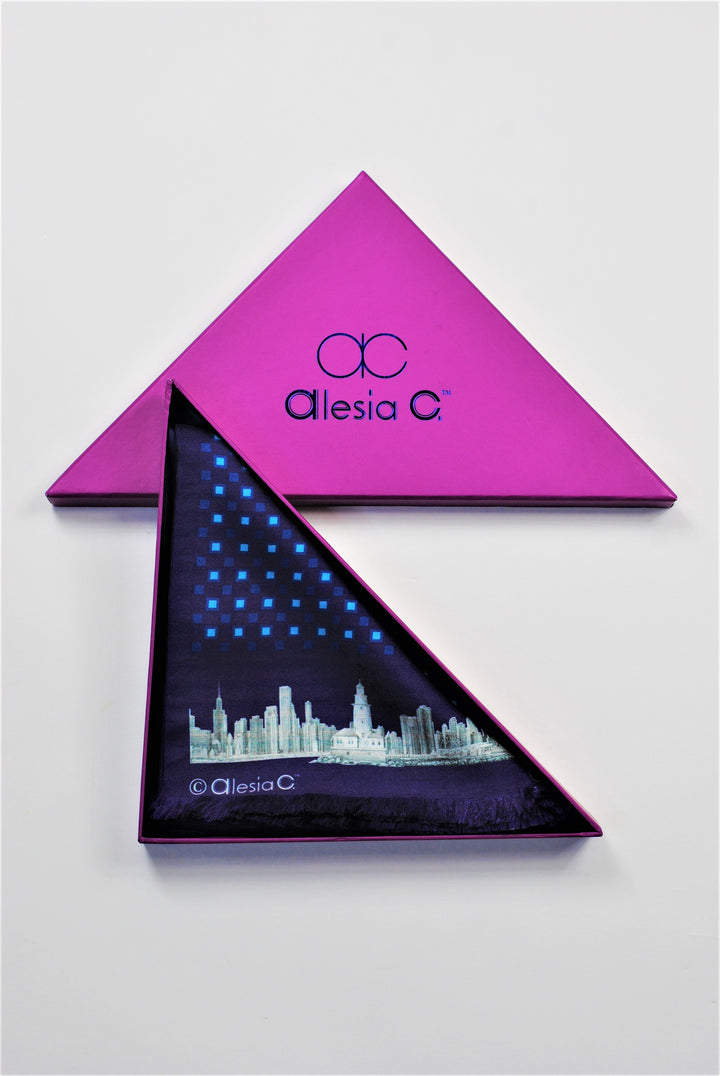 CHICAGO Skyline Art Long Pure Silk Scarf Royal Blue