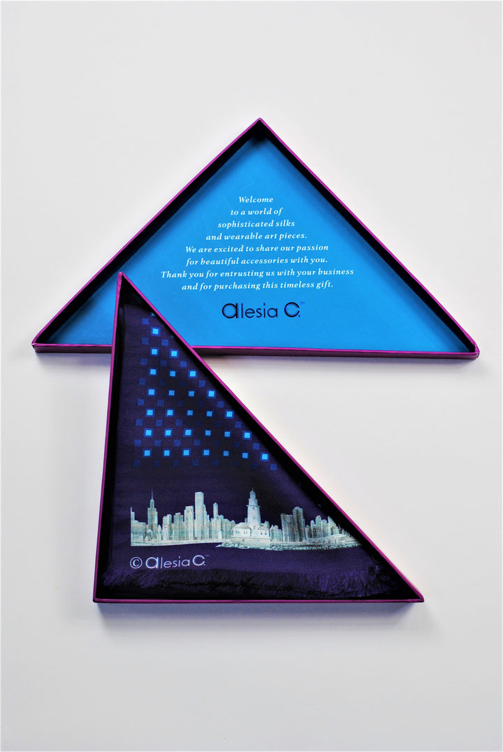 CHICAGO Skyline Art Long Pure Silk Scarf Royal Blue