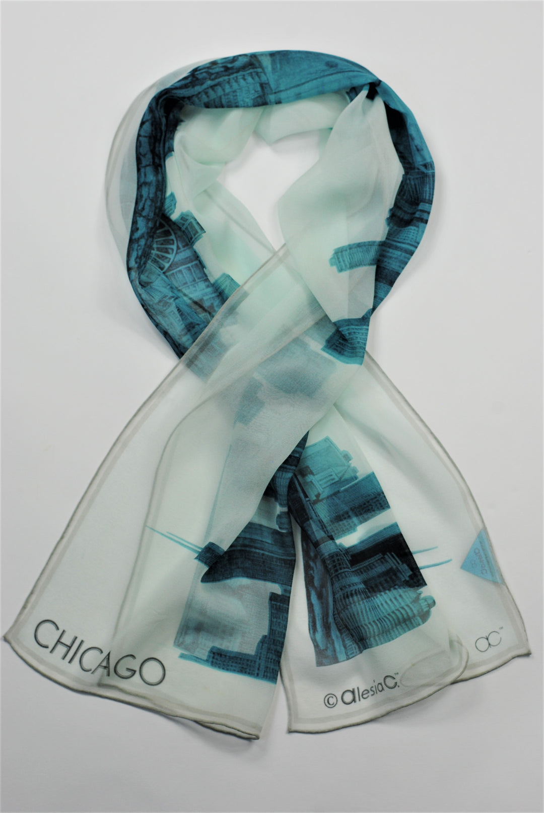 CHICAGO Skyline Art Pure Silk Georgette Scarf Blue White