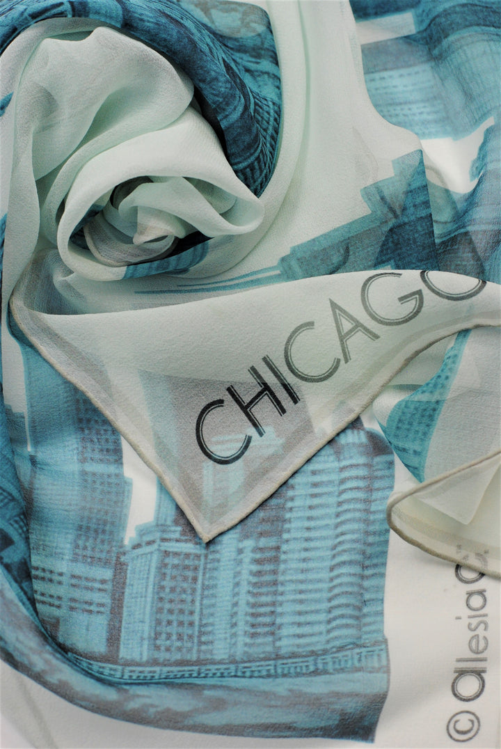 CHICAGO Skyline Art Pure Silk Georgette Scarf Blue White