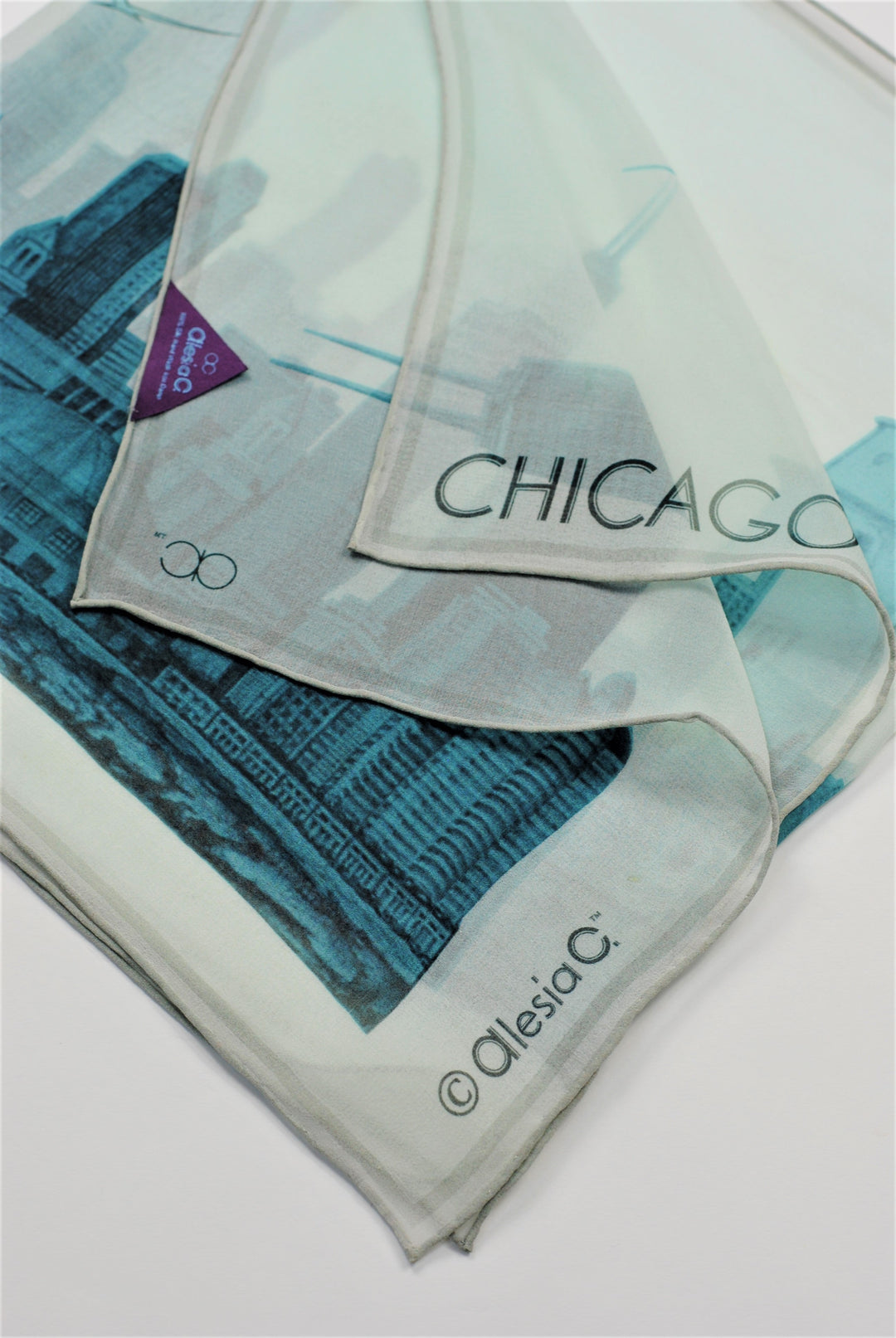 CHICAGO Skyline Art Pure Silk Georgette Scarf Blue White