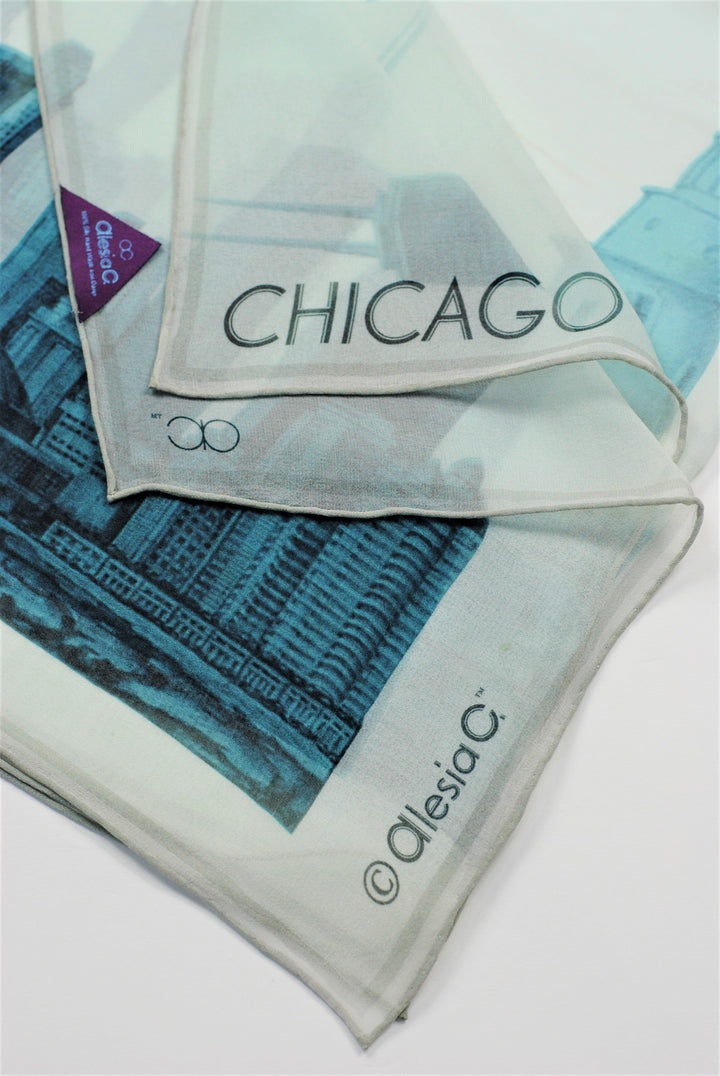 CHICAGO Skyline Art Pure Silk Georgette Scarf Blue White