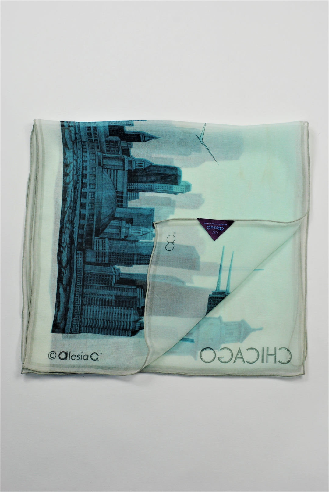 CHICAGO Skyline Art Pure Silk Georgette Scarf Blue White