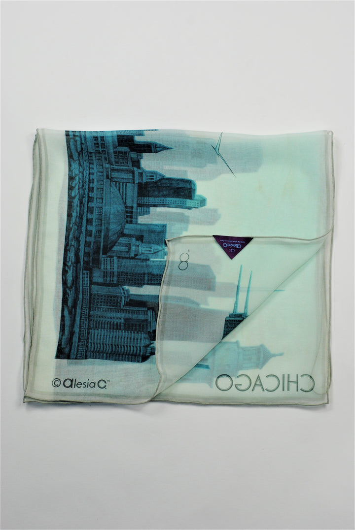 CHICAGO Skyline Art Pure Silk Georgette Scarf Blue White