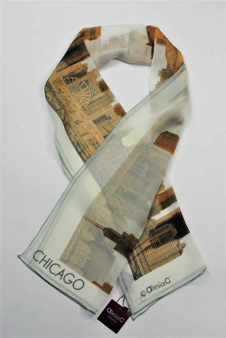 CHICAGO Skyline 100% Silk Georgette Oblong Scarf in Gold White