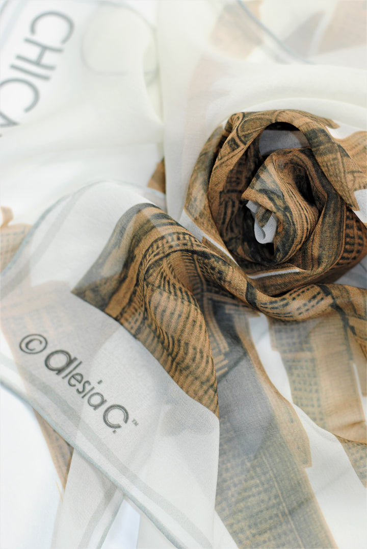 CHICAGO Skyline 100% Silk Georgette Oblong Scarf in Gold White