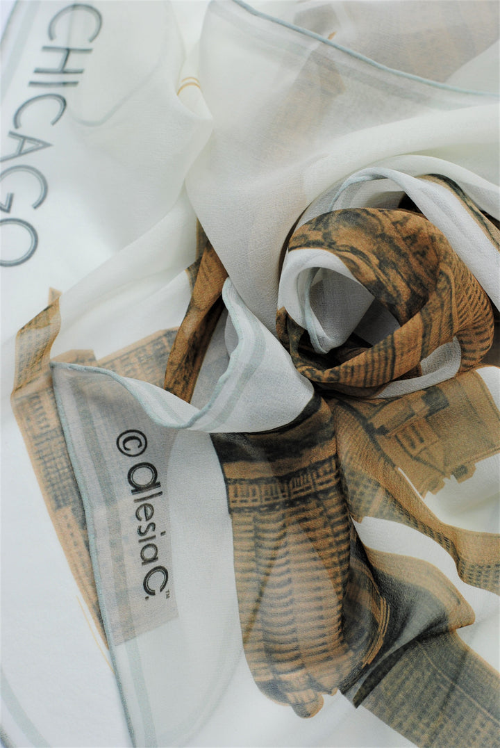 CHICAGO Skyline 100% Silk Georgette Oblong Scarf in Gold White