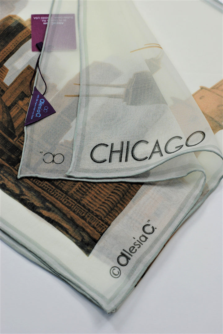 CHICAGO Skyline 100% Silk Georgette Oblong Scarf in Gold White