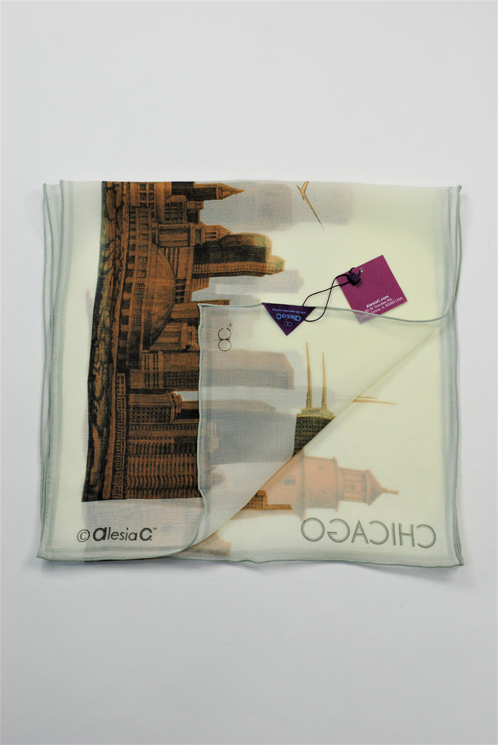 CHICAGO Skyline 100% Silk Georgette Oblong Scarf in Gold White