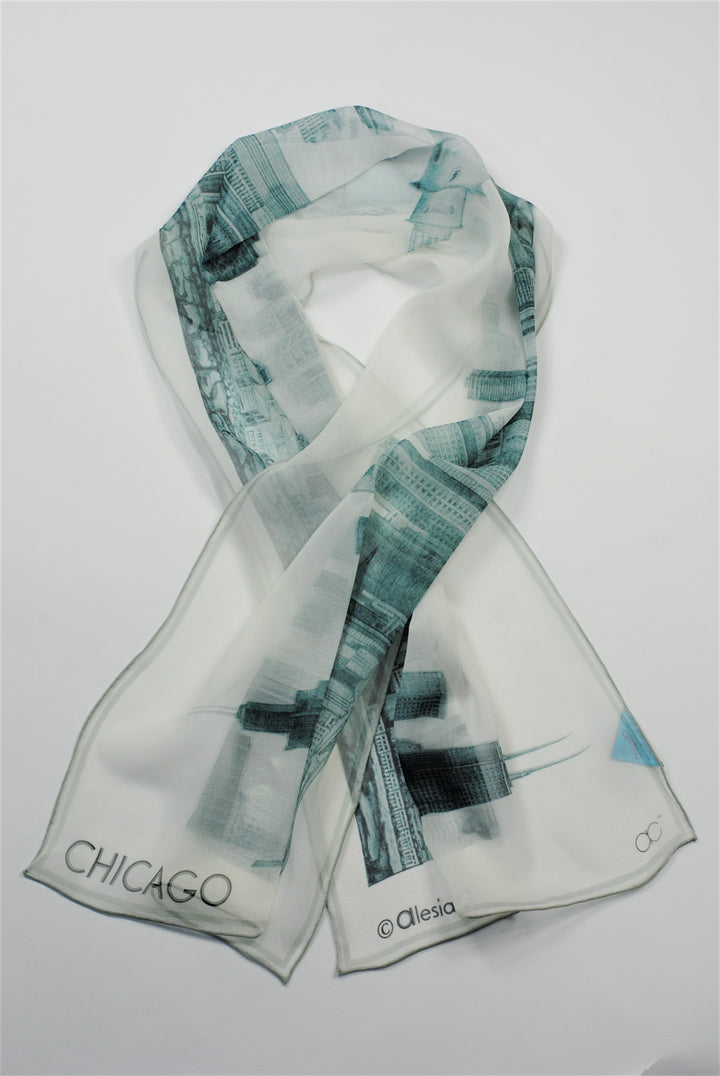 CHICAGO Skyline 100% Silk Georgette Oblong Scarf in Grey White