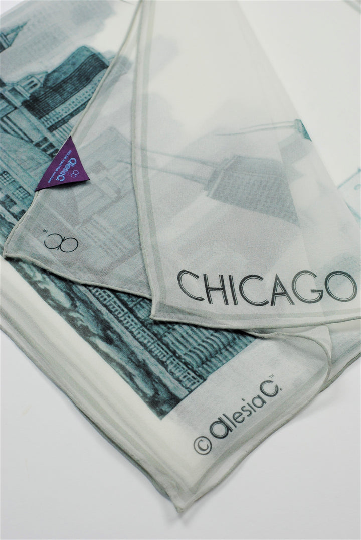 CHICAGO Skyline 100% Silk Georgette Oblong Scarf in Grey White