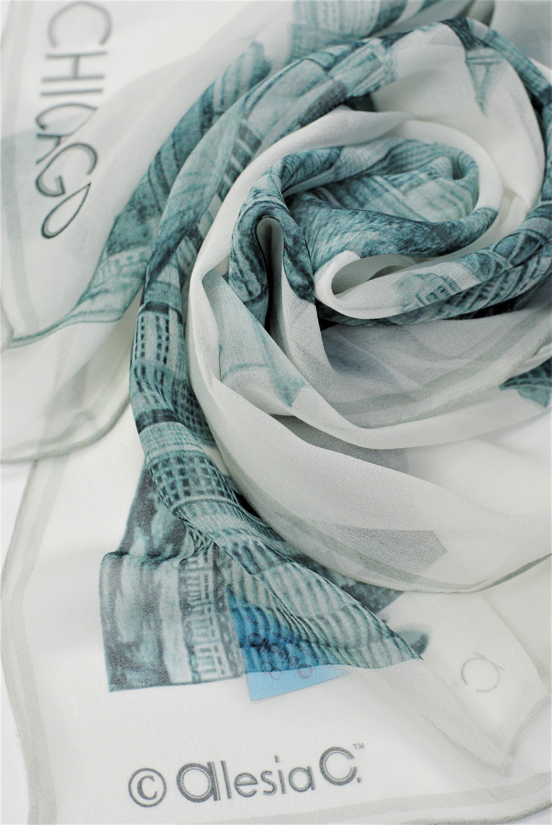 CHICAGO Skyline 100% Silk Georgette Oblong Scarf in Grey White