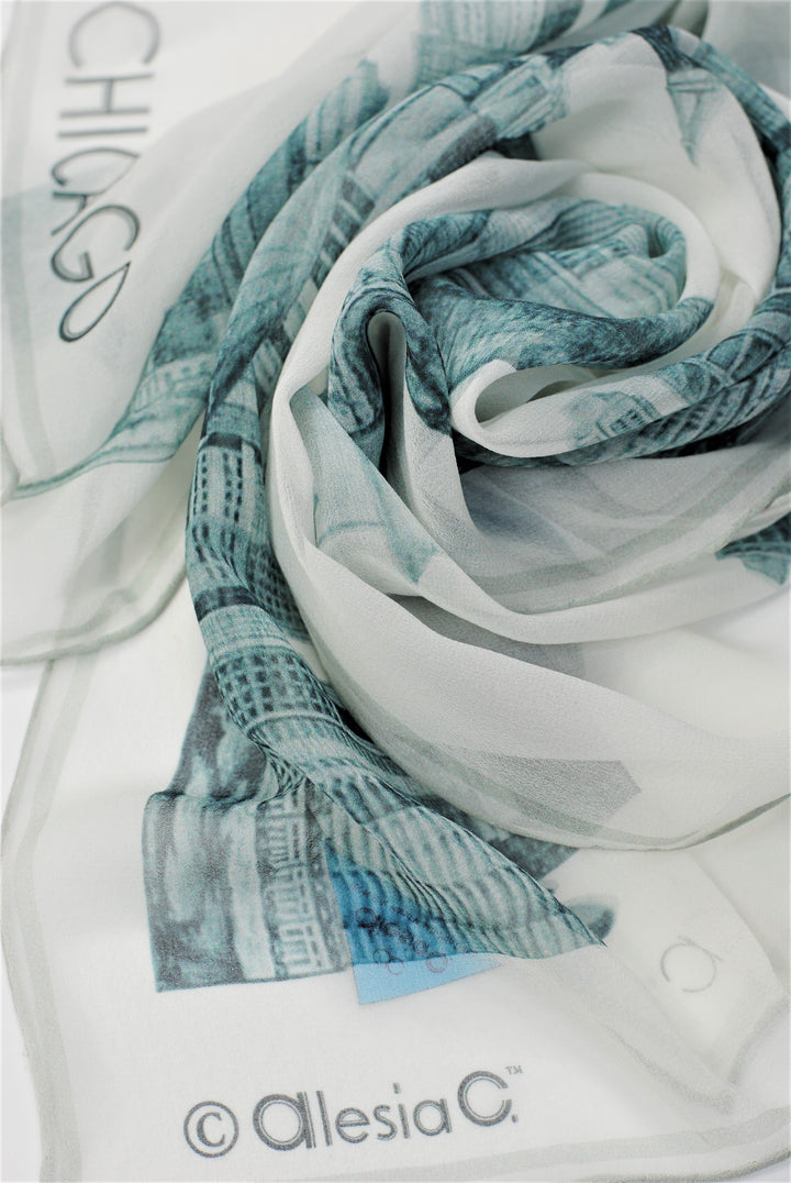 CHICAGO Skyline 100% Silk Georgette Oblong Scarf in Grey White