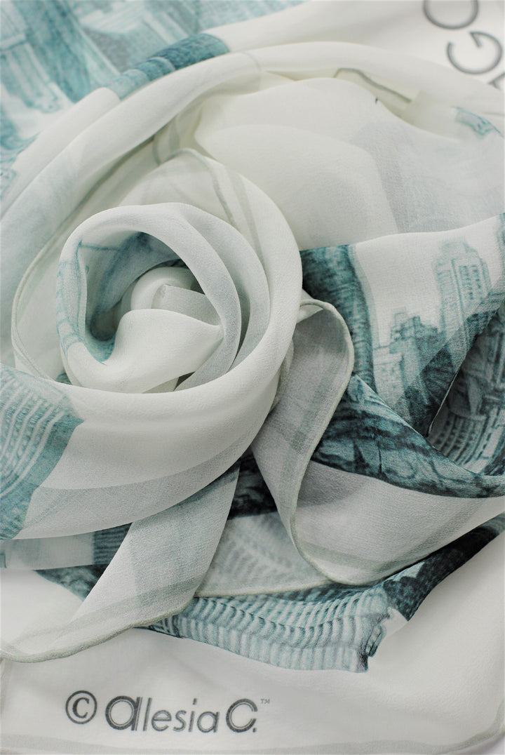 CHICAGO Skyline 100% Silk Georgette Oblong Scarf in Grey White