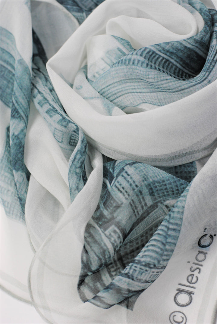 CHICAGO Skyline 100% Silk Georgette Oblong Scarf in Grey White