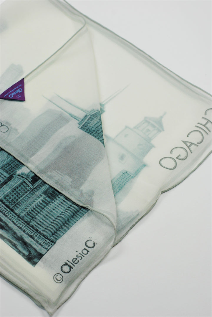 CHICAGO Skyline 100% Silk Georgette Oblong Scarf in Grey White