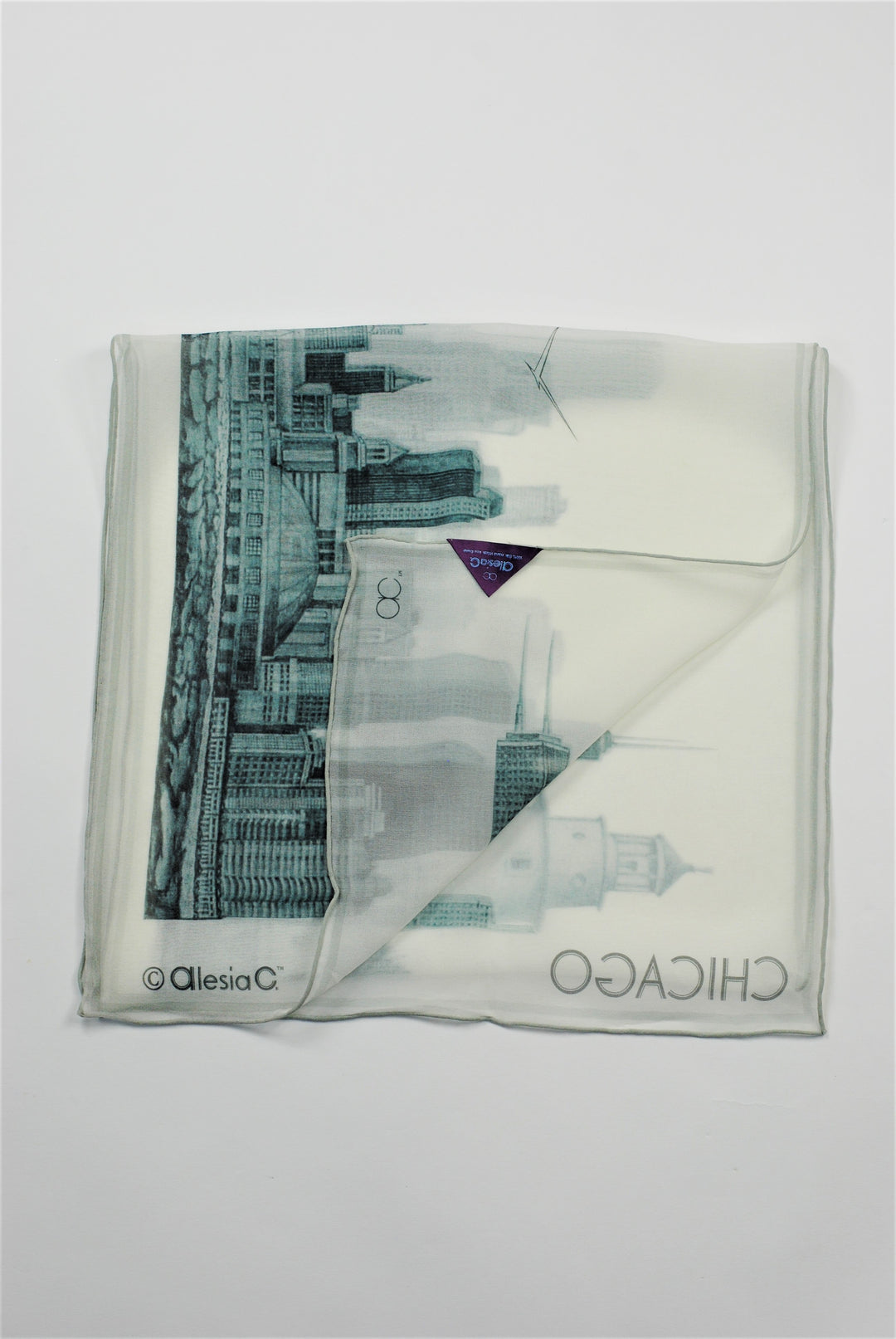 CHICAGO Skyline 100% Silk Georgette Oblong Scarf in Grey White