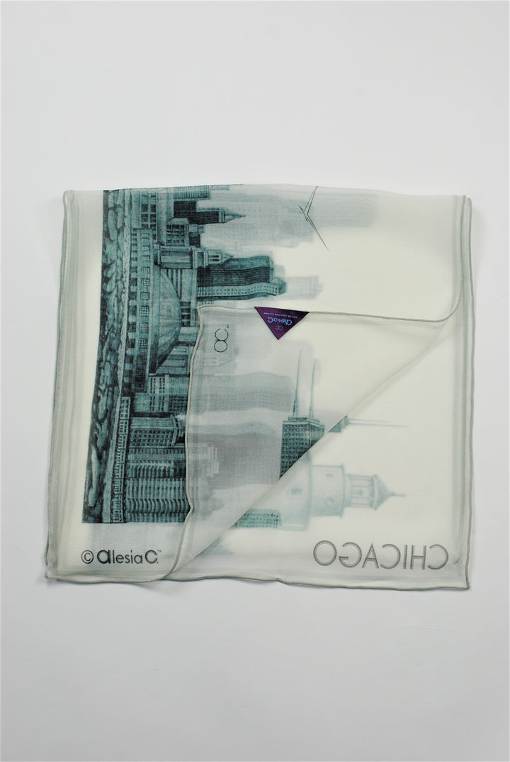 CHICAGO Skyline 100% Silk Georgette Oblong Scarf in Grey White