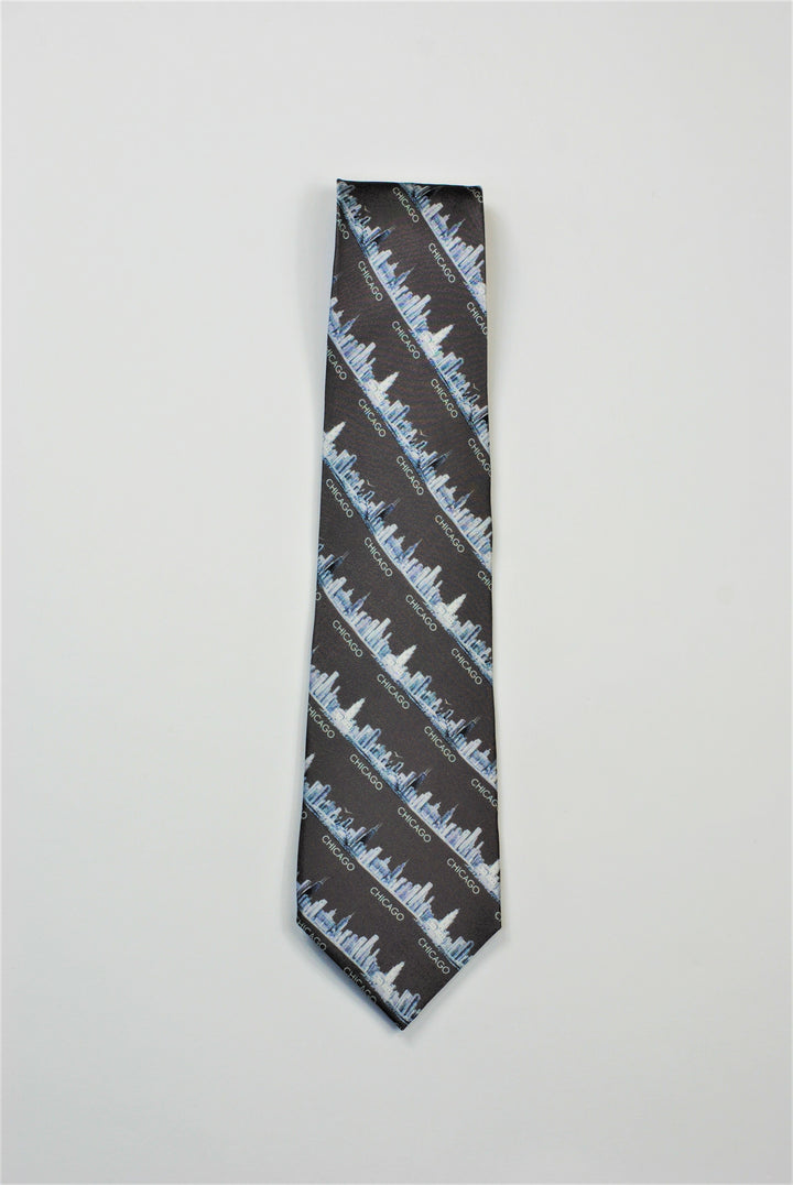 Luxury 100% Silk Men Tie CHICAGO Skyline Art Dark Gray