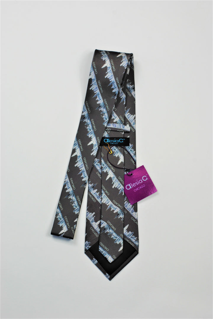 Luxury 100% Silk Men Tie CHICAGO Skyline Art Dark Gray