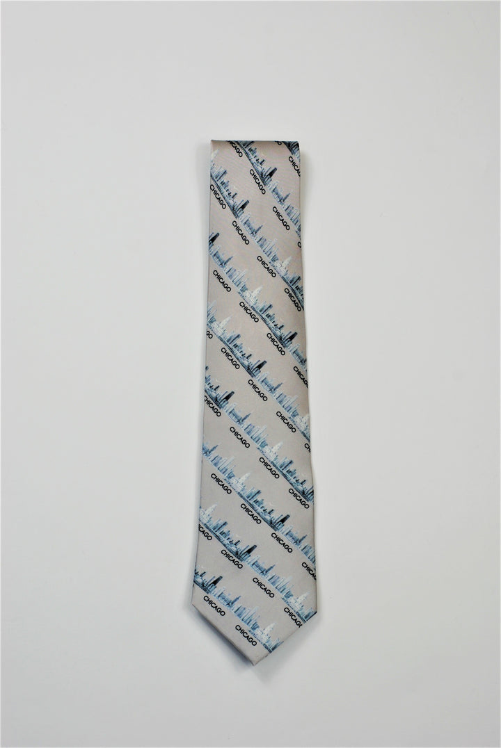 Luxury 100% Silk Men Tie Light Gray CHICAGO Skyline Art by Alesia Chaika