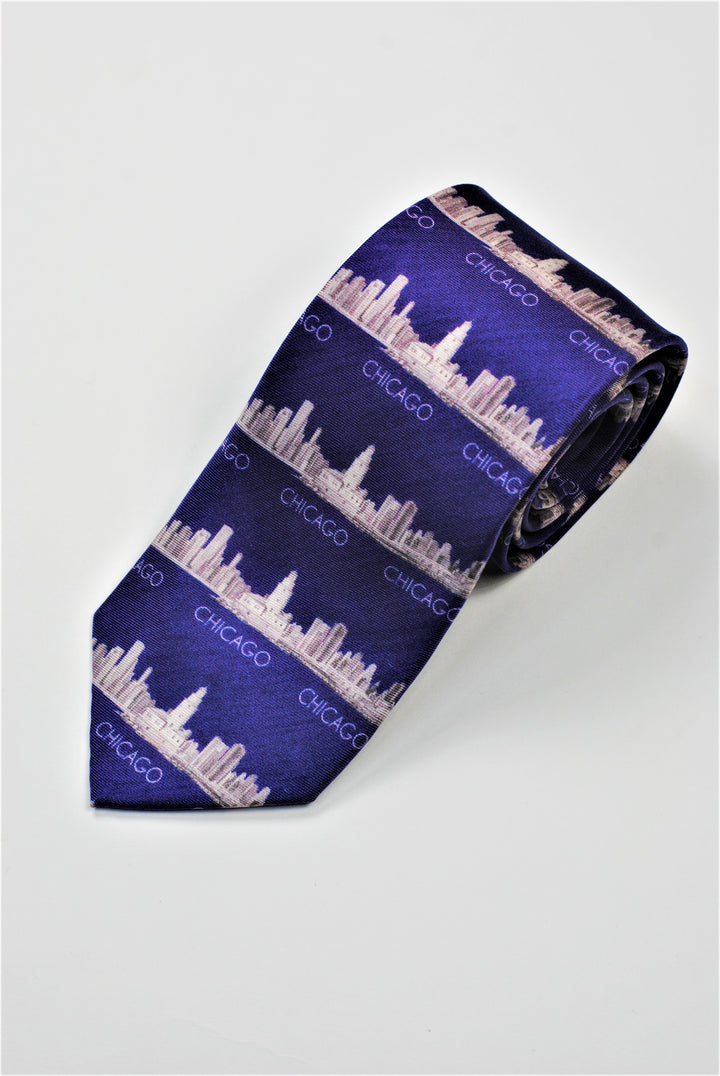 Luxury 100% Silk Men Tie CHICAGO Skyline Art Purple Horizontal