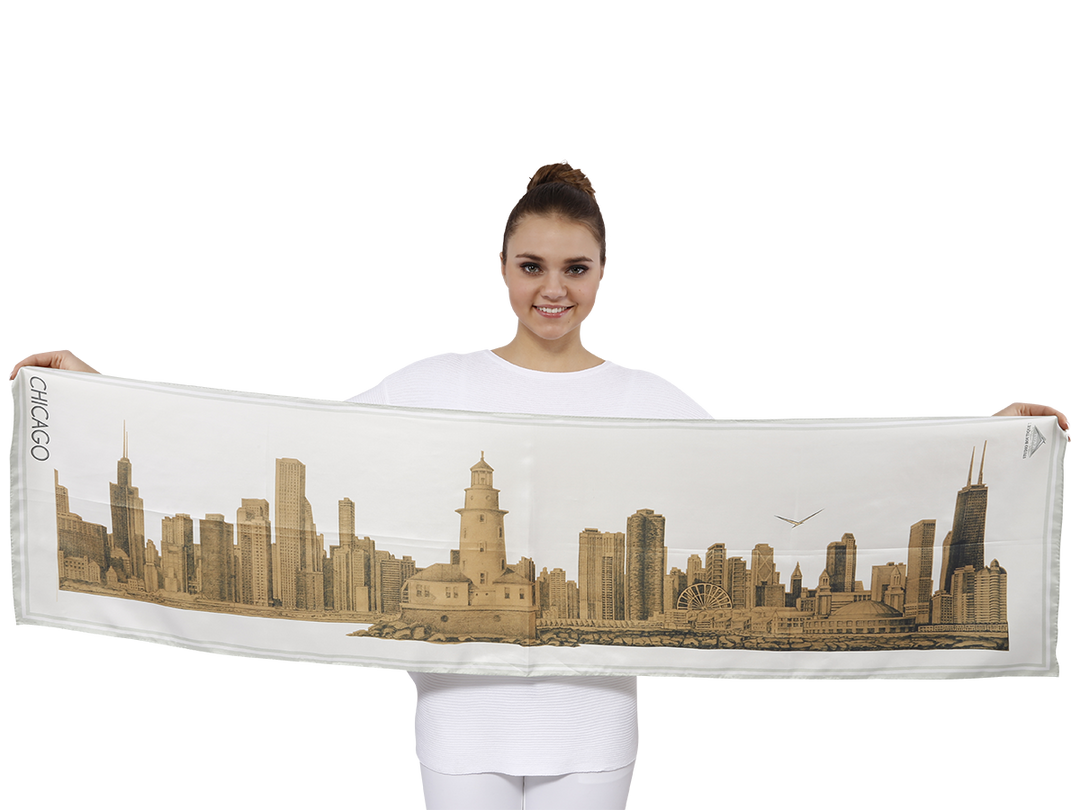 Beautiful Chicago Skyline Art Best Gifts by Chicago Artist Alesia Chaika Business Souvenirs Custom Accessories Pure Silk Scarves in Gold White