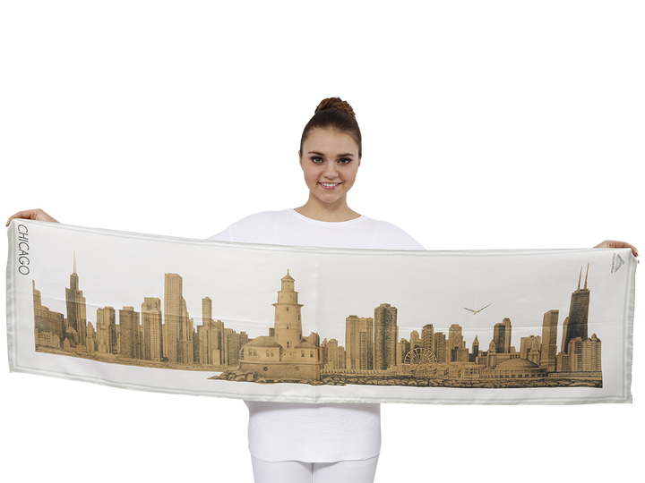 Beautiful Chicago Skyline Art Best Gifts by Chicago Artist Alesia Chaika Business Souvenirs Custom Accessories Pure Silk Scarves in Gold White
