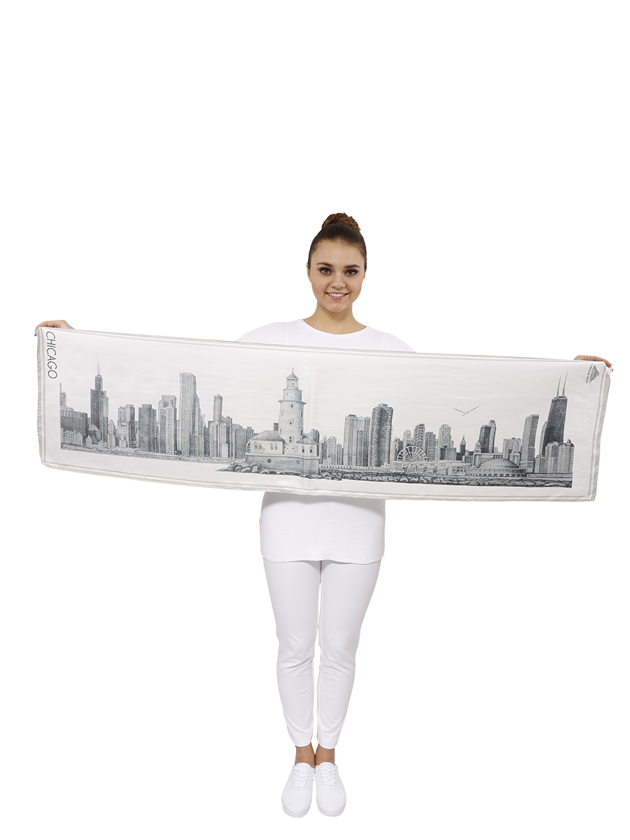 Chicago History Skyline Art Silk Scarf Wearable Art Gift Corporate Souvenir For Her ladies Scarf by Alesia C. Chicago Fashion Designer