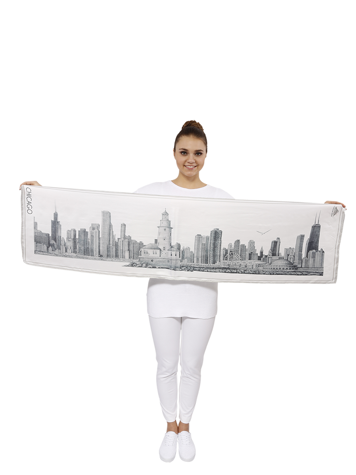 Chicago History Skyline Art Silk Scarf Wearable Art Gift Corporate Souvenir For Her ladies Scarf by Alesia C. Chicago Fashion Designer