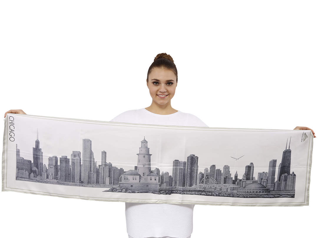 Chicago City Skyline Art 100% Silk Scarf White Gray Color Executive Luxury Souvenir of Chicago History by Alesia C. Chicago Fashion Designer