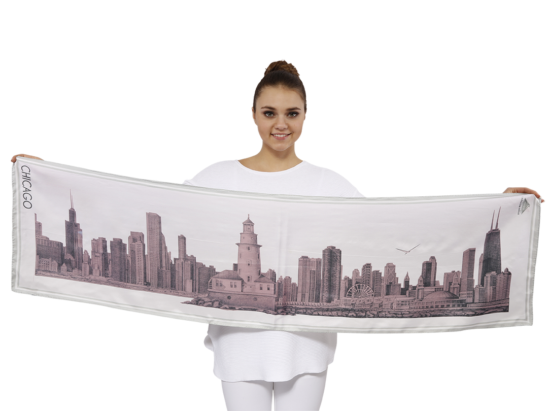 Chicago Luxury Designer Gifts Of Chicago Skyline Art Illustration Pure Silk Scarves Pink White by Alesia Chaika Alesia C. Chicago Fashion Designer Artist