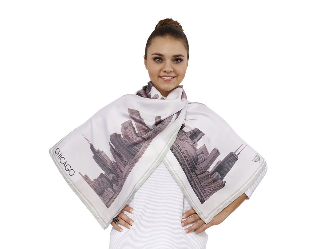 Chicago Luxury Designer Gifts Of Chicago Skyline Art Illustration Pure Silk Scarves Pink White by Alesia Chaika Alesia C. Chicago Fashion Designer Artist